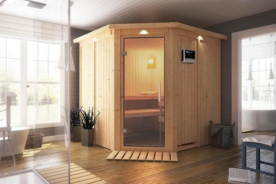 Karibu | Jarin Sauna met Dakkraag | Helderglas Deur | Kachel 9 kW Externe Bediening Karibu | Jarin Sauna met Dakkraag | Helderglas Deur | Kachel 9 kW Externe Bediening
