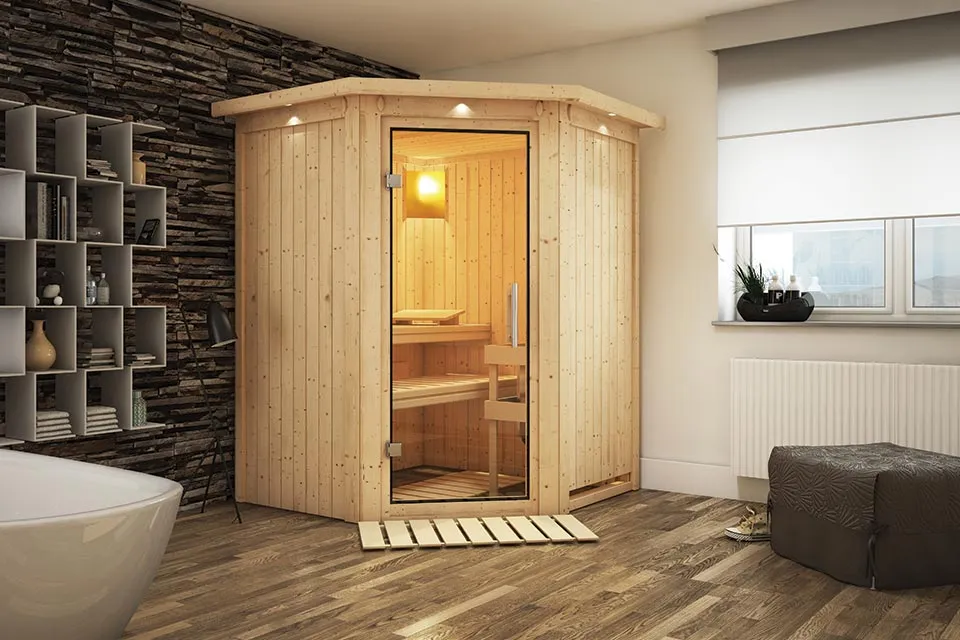 Karibu | Sauna Larin met Dakkraag | Helderglas | Kachel 4,5 kW Geïntegreerde Bediening