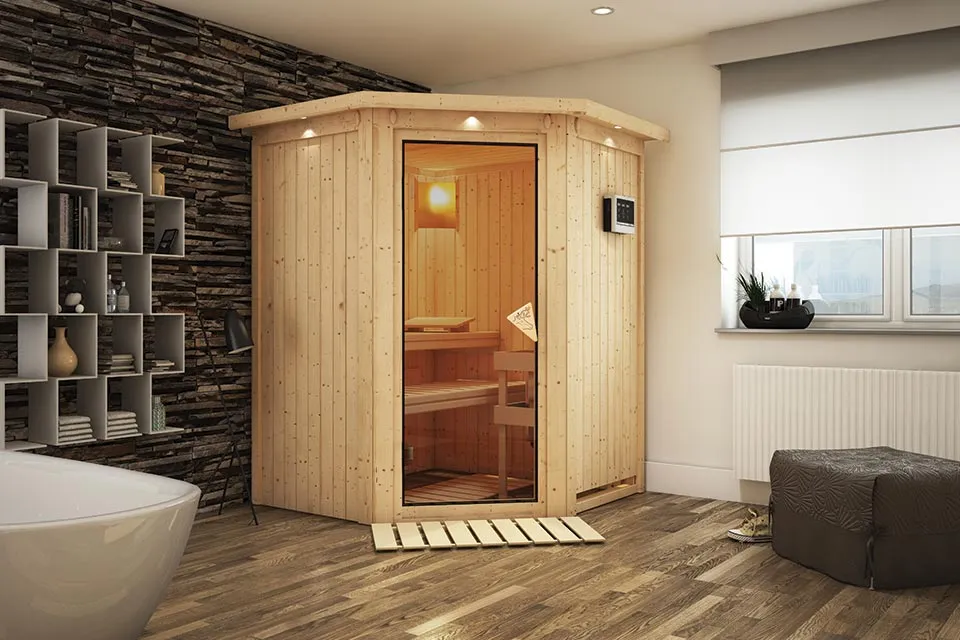 Karibu | Sauna Larin met Dakkraag | Bronzeglas | Kachel 4,5 kW Externe Bediening