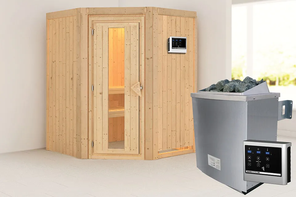 Karibu | Sauna Larin | Energiesparend | Biokachel 4,5 kW Externe Bediening Karibu | Sauna Larin | Energiesparend | Biokachel 4,5 kW Externe Bediening
