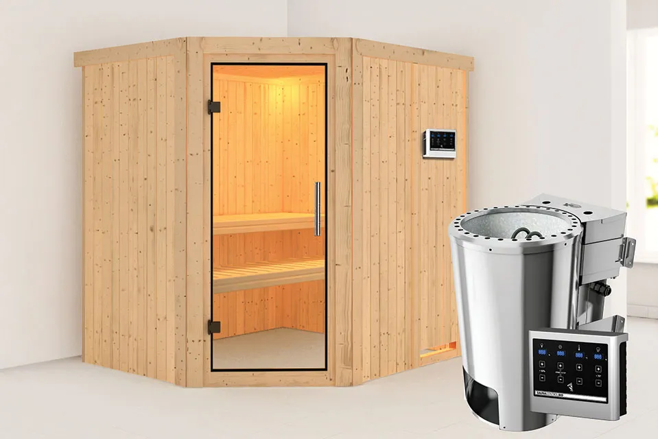 Karibu | Lilja Sauna | Helderglas Deur | Biokachel 3,6 kW Externe Bediening Karibu | Lilja Sauna | Helderglas Deur | Biokachel 3,6 kW Externe Bediening