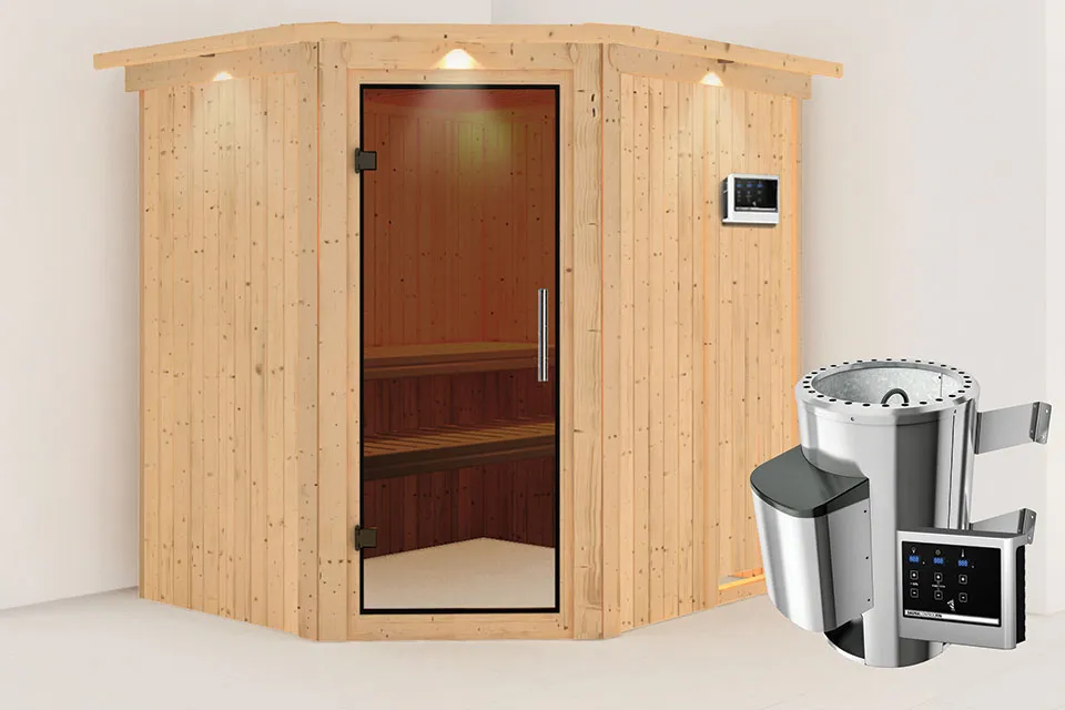 Karibu | Lilja Sauna met Dakkraag | Antracietglas | Kachel 3,6 kW Externe Bediening Karibu | Lilja Sauna met Dakkraag | Antracietglas | Kachel 3,6 kW Externe Bediening
