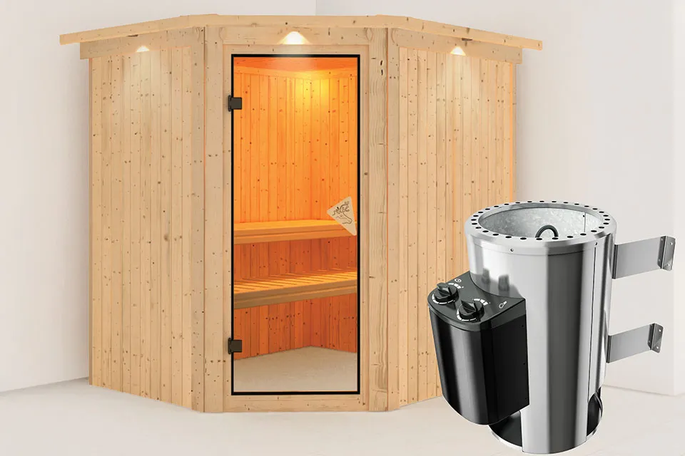 Karibu Lilja Sauna met Dakkraag Bronzeglas Deur Kachel 36 kW Geïntegreerde Bediening