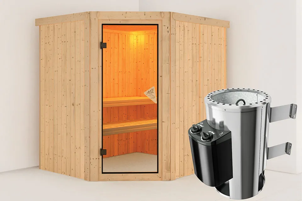 Karibu | Sauna Lilja | Bronzeglas | Kachel 3,6 kW Geïntegreerde Bediening Karibu | Sauna Lilja | Bronzeglas | Kachel 3,6 kW Geïntegreerde Bediening