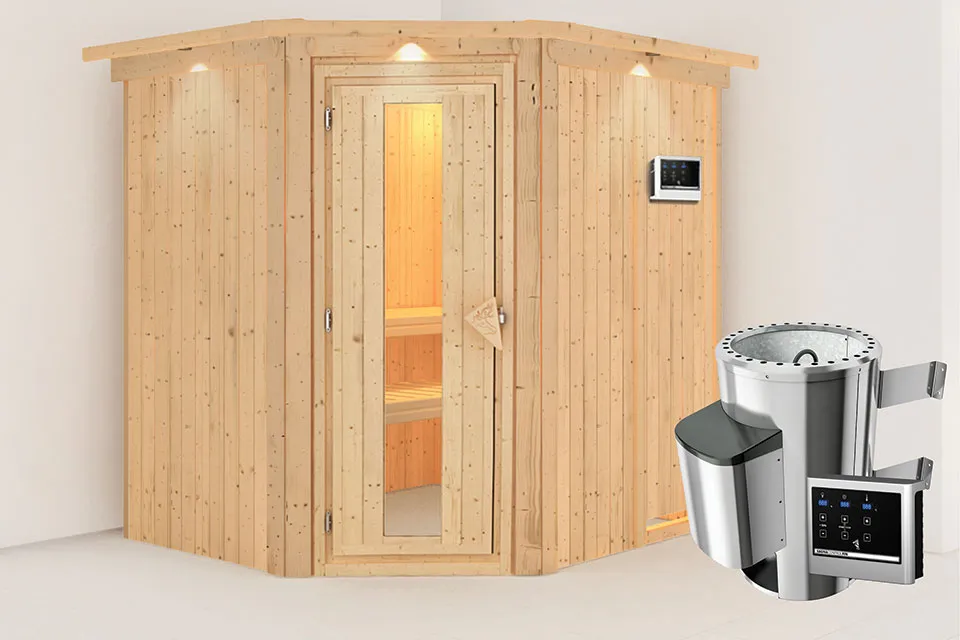 Karibu | Lilja Sauna met Dakkraag | Energiesparende Deur | Kachel 3,6 kW Externe Bediening Karibu | Lilja Sauna met Dakkraag | Energiesparende Deur | Kachel 3,6 kW Externe Bediening