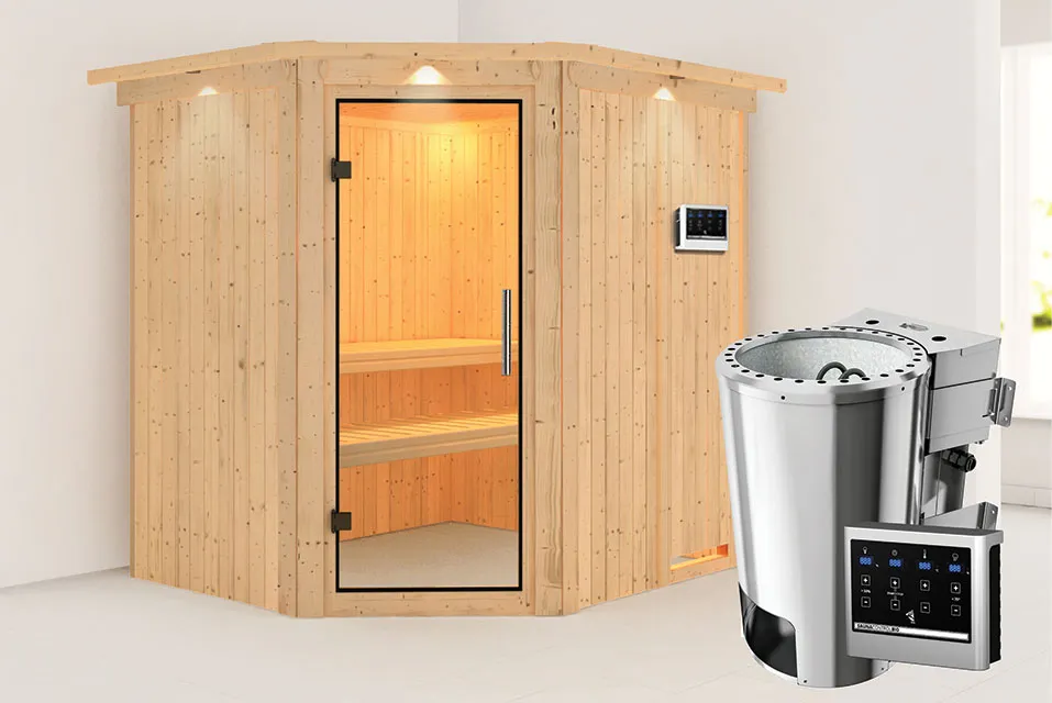 Karibu | Lilja Sauna met Dakkraag | Helderglas Deur | Kachel 3,6 kW Externe Bediening Karibu | Lilja Sauna met Dakkraag | Helderglas Deur | Kachel 3,6 kW Externe Bediening