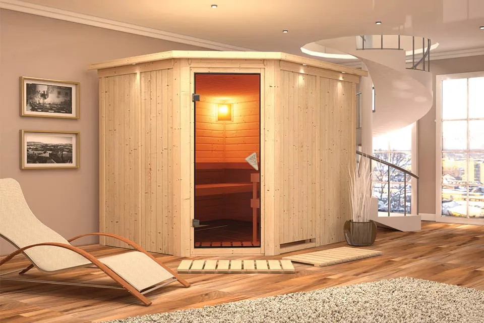 Karibu | Sauna Malin met Dakkraag | Bronzeglas | Kachel 9 kW Externe Bediening Karibu | Sauna Malin met Dakkraag | Bronzeglas | Kachel 9 kW Externe Bediening
