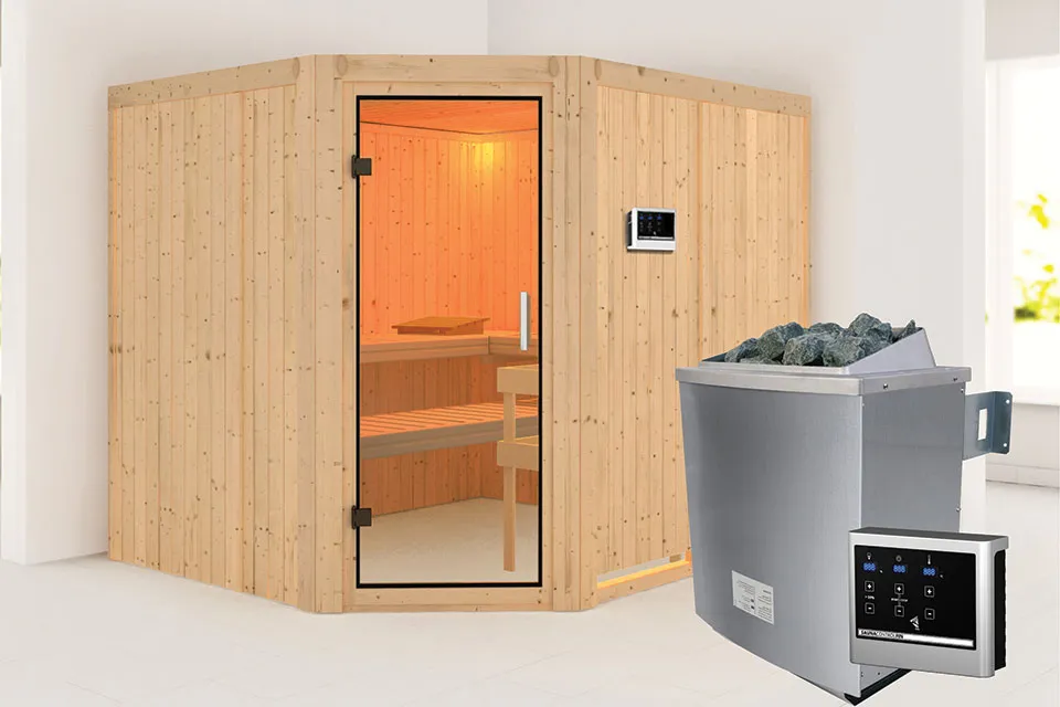 Karibu | Malin Sauna | Helderglas Deur | Kachel 9 kW Externe Bediening Karibu | Malin Sauna | Helderglas Deur | Kachel 9 kW Externe Bediening