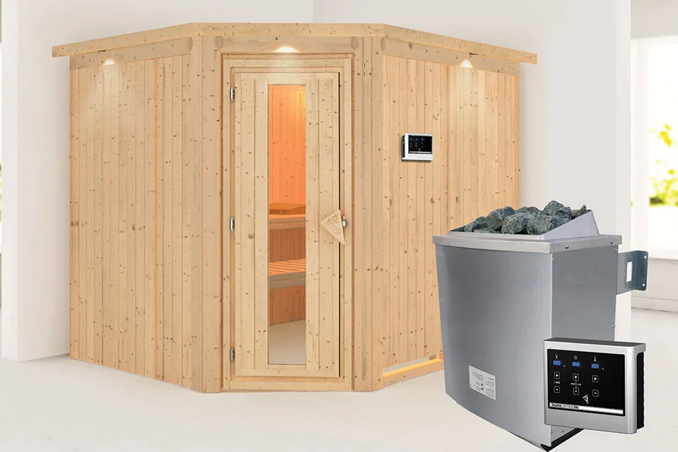 Karibu | Sauna Malin met Dakkraag | Energiesparend | Kachel 9 kW Externe Bediening Karibu | Sauna Malin met Dakkraag | Energiesparend | Kachel 9 kW Externe Bediening