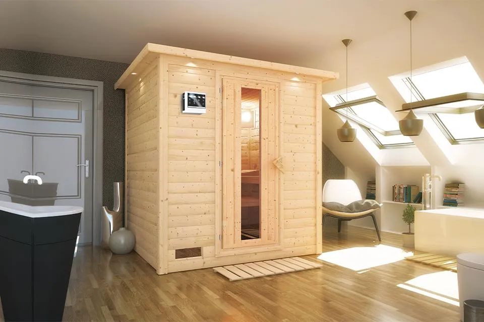 Karibu | Sauna Mojave met Dakkraag | Energiesparend | Biokachel 9 kW Externe Bediening Karibu | Sauna Mojave met Dakkraag | Energiesparend | Biokachel 9 kW Externe Bediening