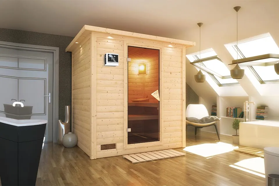 Karibu | Sauna Mojave met Dakkraag | Bronzeglas | Biokachel 9 kW Externe Bediening