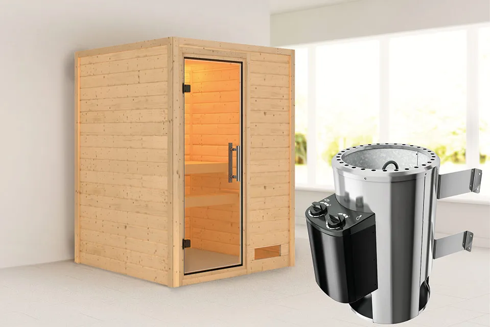 Karibu | Sauna Nadja | Helderglas | Kachel 3,6 kW Geïntegreerde Bediening