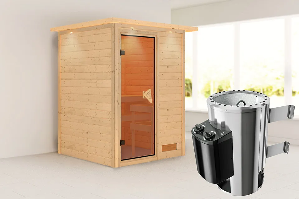 Karibu | Sauna Nadja met Dakkraag | Bronzeglas | Kachel 3,6 kW Geïntegreerde Bediening