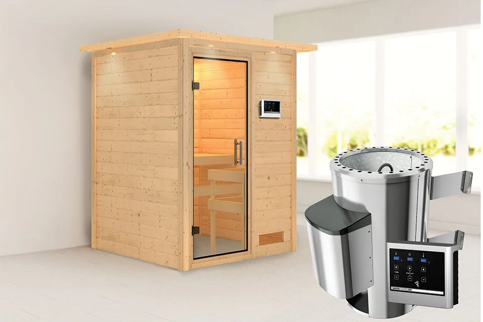 Karibu | Sauna Nadja met Dakkraag | Helderglas | Biokachel 3,6 kW Externe Bediening