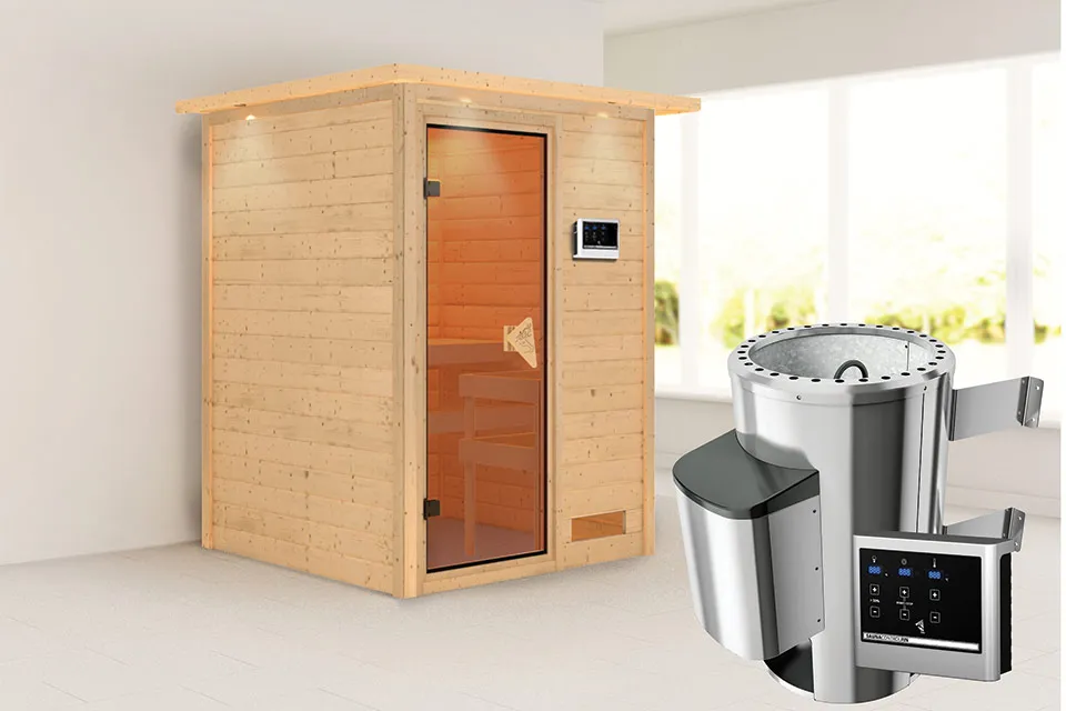 Karibu | Sauna Nadja met Dakkraag | Bronzeglas | Biokachel 3,6 kW Externe Bediening