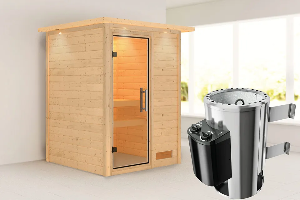 Karibu | Sauna Nadja met Dakkraag | Helderglas | Kachel 3,6 kW Geïntegreerde Bediening