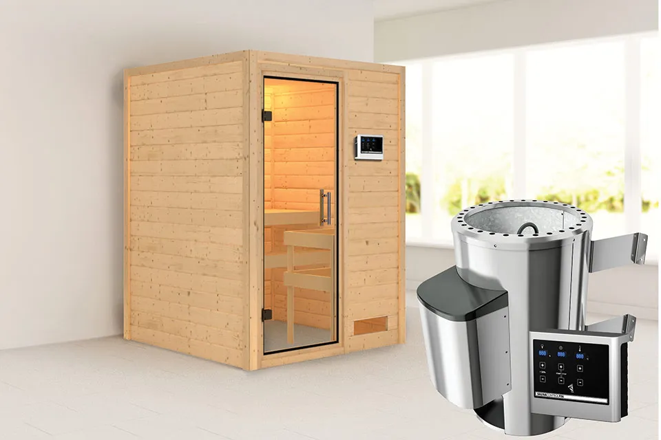 Karibu | Sauna Nadja | Helderglas | Biokachel 3,6 kW Externe Bediening