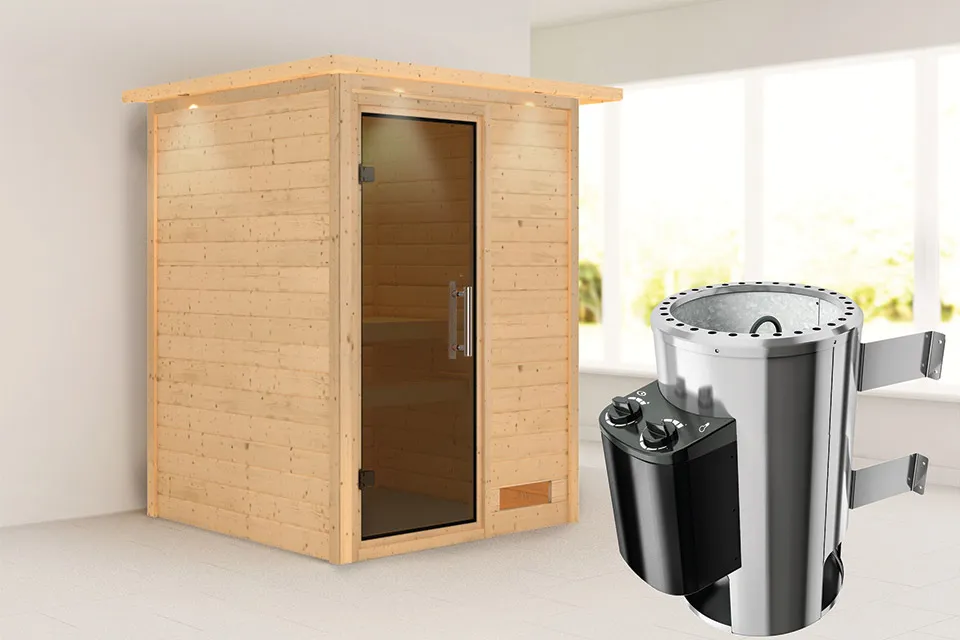 Karibu | Sauna Nadja met Dakkraag | Antracietglas | Kachel 3,6 kW Geïntegreerde Bediening