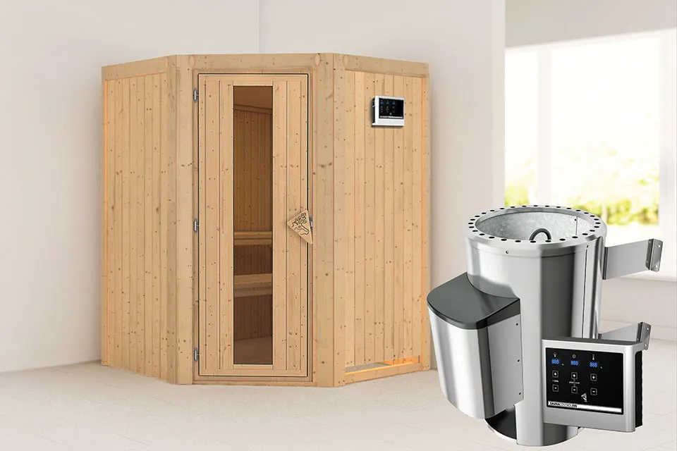 Karibu | Nanja Sauna met Dakkraag | Energiesparende Deur | Biokachel 3,6 kW Externe Bediening Karibu | Nanja Sauna met Dakkraag | Energiesparende Deur | Biokachel 3,6 kW Externe Bediening