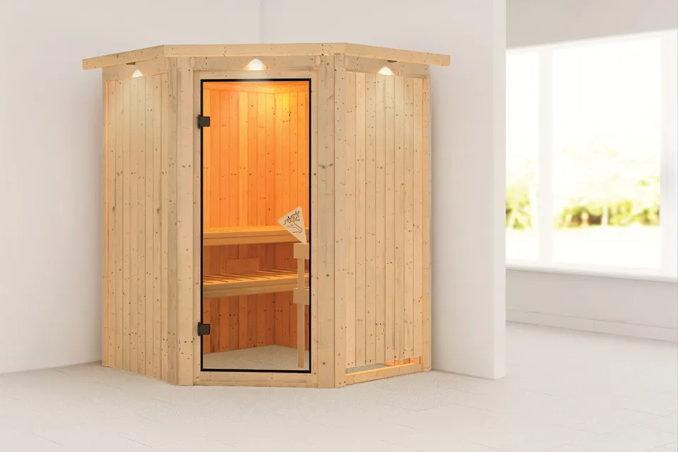 Karibu | Nanja Sauna met Dakkraag | Bronzeglas Deur Karibu | Nanja Sauna met Dakkraag | Bronzeglas Deur