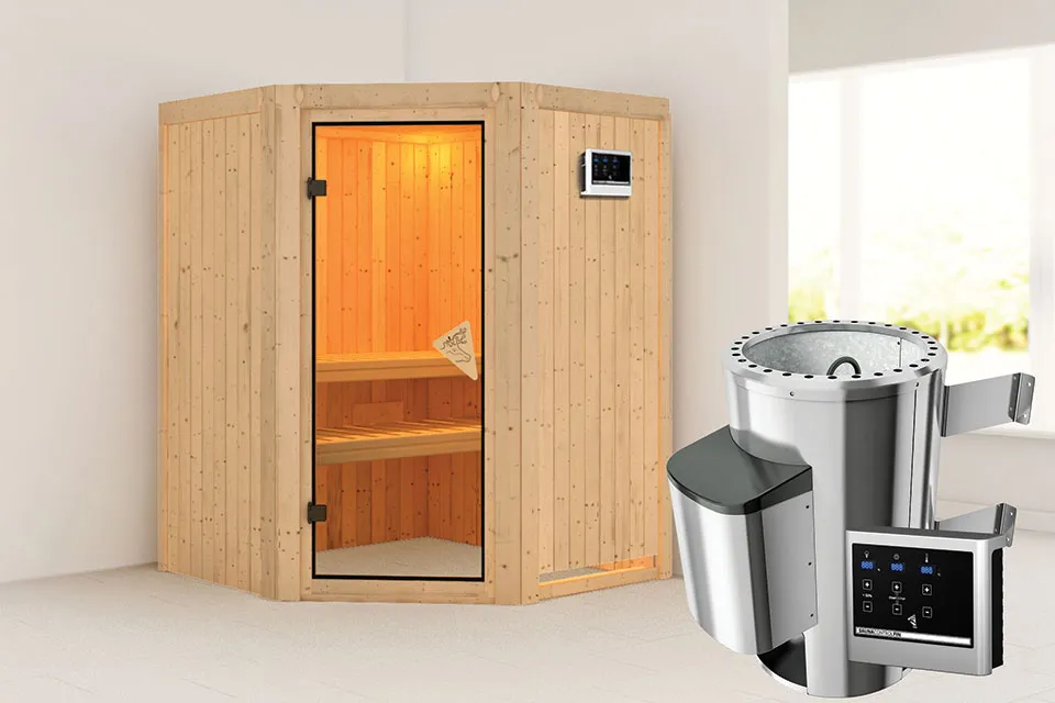 Karibu | Sauna Nanja met Dakkraag | Bronzeglas | Biokachel 3,6 kW Externe Bediening