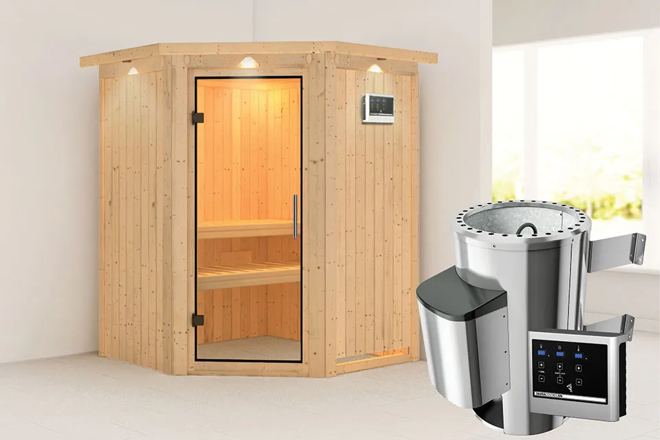Karibu | Nanja Sauna met Dakkraag | Helderglas Deur | Biokachel 3,6 kW Externe Bediening Karibu | Nanja Sauna met Dakkraag | Helderglas Deur | Biokachel 3,6 kW Externe Bediening