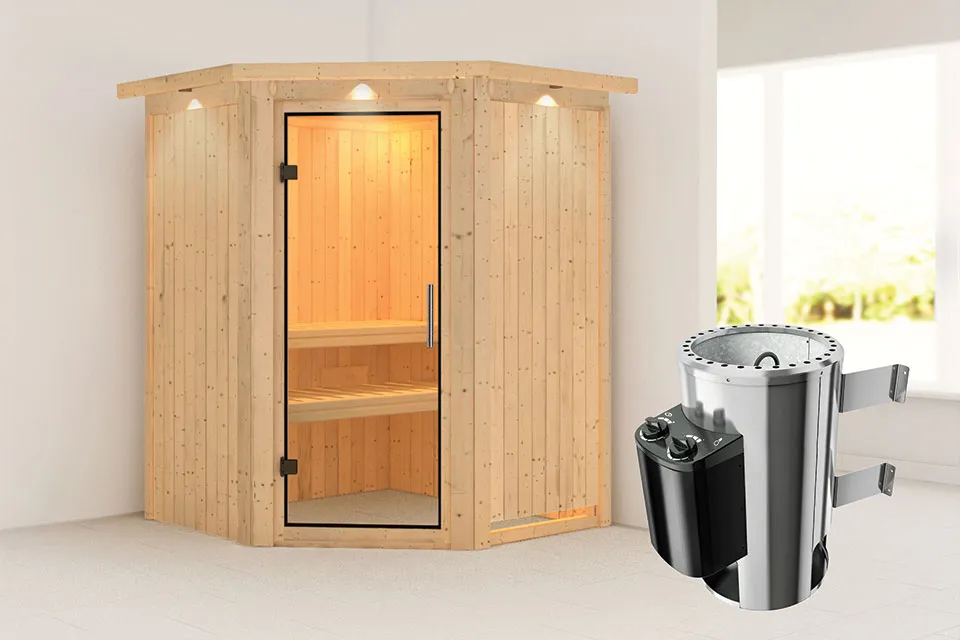 Karibu | Sauna Nanja met Dakkraag | Helderglas | Kachel 3,6 kW Geïntegreerde Bediening