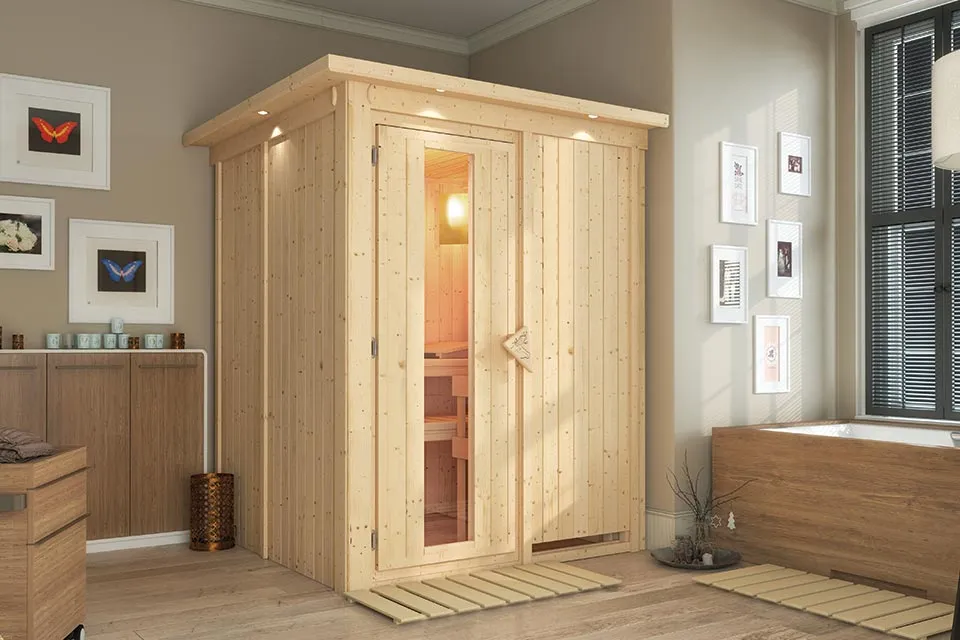 Karibu | Sauna Norin met Dakkraag | Energiesparend | Kachel 4,5 kW Geïntegreerde Bediening Karibu | Sauna Norin met Dakkraag | Energiesparend | Kachel 4,5 kW Geïntegreerde Bediening