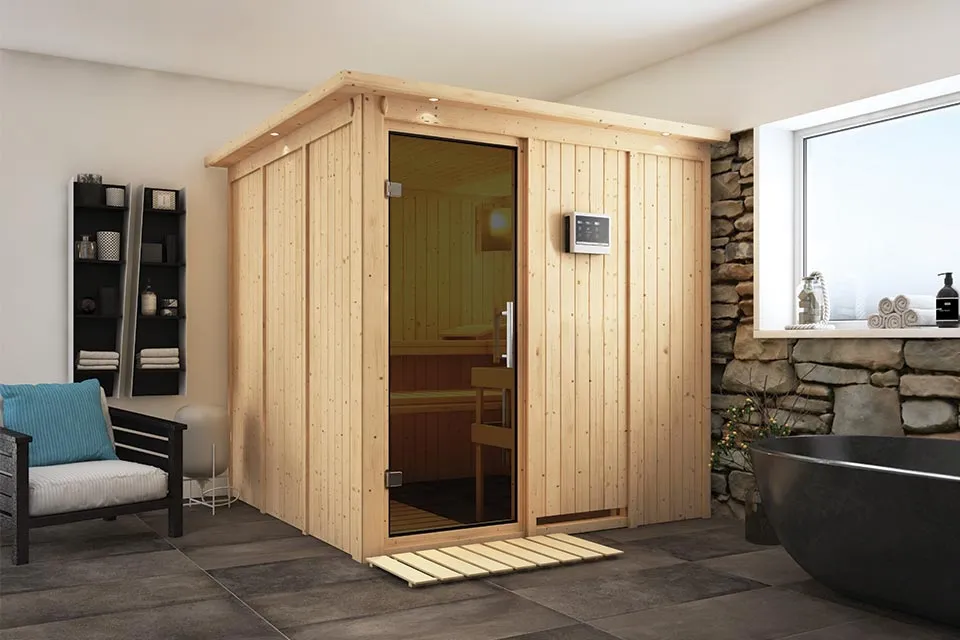 Karibu | Sauna Rodin met Dakkraag | Antracietglas | Kachel 9 kW Externe Bediening Karibu | Sauna Rodin met Dakkraag | Antracietglas | Kachel 9 kW Externe Bediening