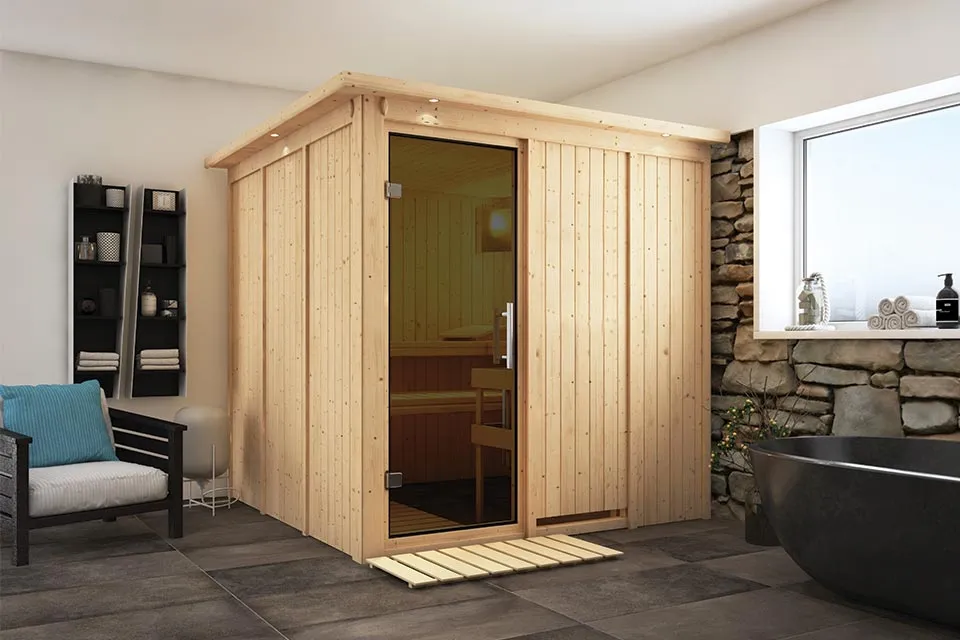 Karibu | Sauna Rodin met Dakkraag | Deur Antracietglas Karibu | Sauna Rodin met Dakkraag | Deur Antracietglas