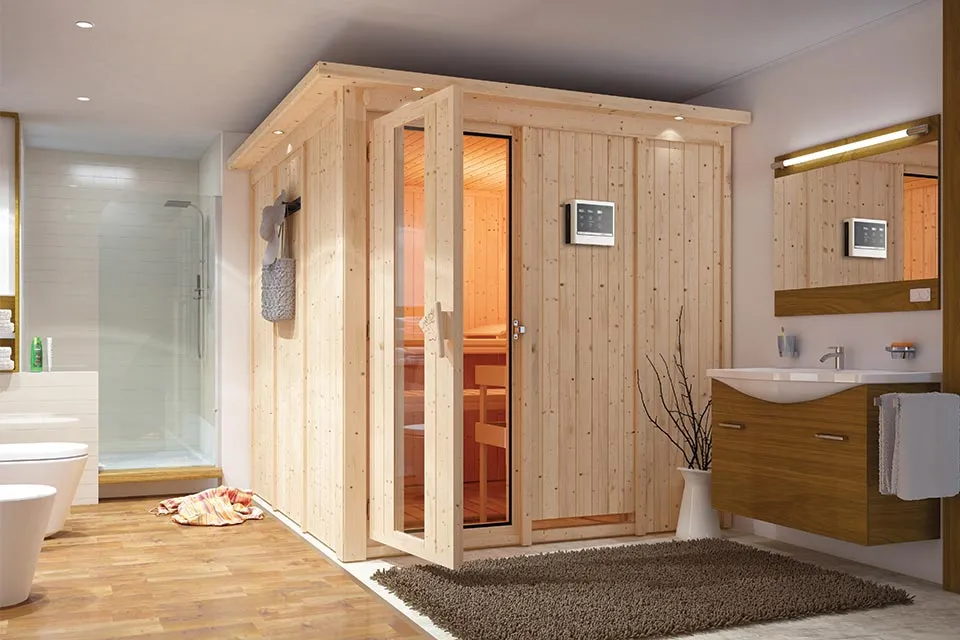 Karibu | Sauna Rodin met Dakkraag | Energiesparend | Biokachel 9 kW Externe Bediening