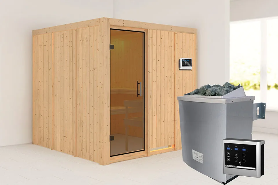 Karibu | Sauna Rodin | Antracietglas | Biokachel 9 kW Externe Bediening Karibu | Sauna Rodin | Antracietglas | Biokachel 9 kW Externe Bediening