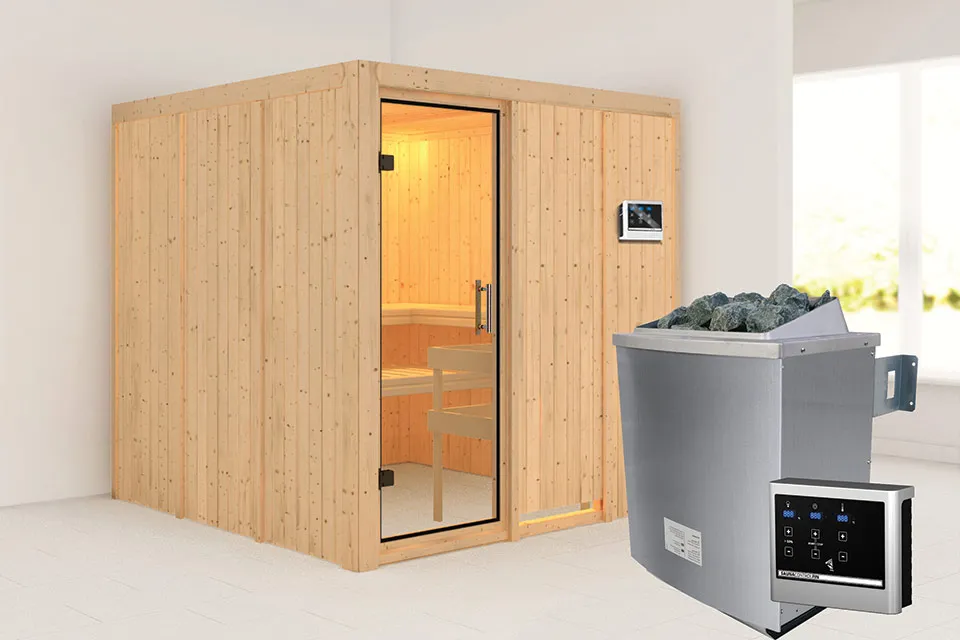 Karibu | Sauna Rodin | Helderglas | Biokachel 9 kW Externe Bediening