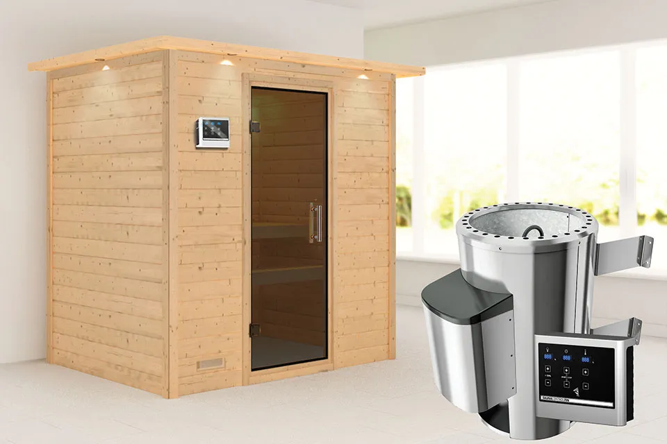 Karibu | Sauna Ronja met Dakkraag | Antracietglas | Kachel 3,6 kW Externe Bediening