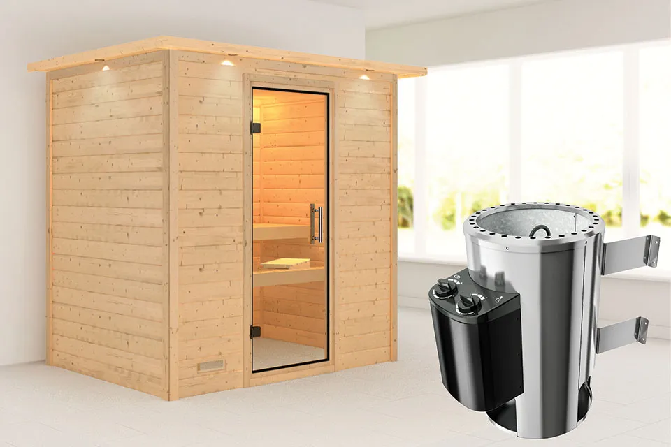 Karibu | Sauna Ronja met Dakkraag | Helderglas | Kachel 3,6 kW Geïntegreerde Bediening Karibu | Sauna Ronja met Dakkraag | Helderglas | Kachel 3,6 kW Geïntegreerde Bediening
