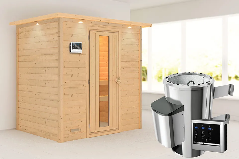 Karibu | Sauna Ronja met Dakkraag | Energiesparend | Biokachel 3,6 kW Externe Bediening Karibu | Sauna Ronja met Dakkraag | Energiesparend | Biokachel 3,6 kW Externe Bediening