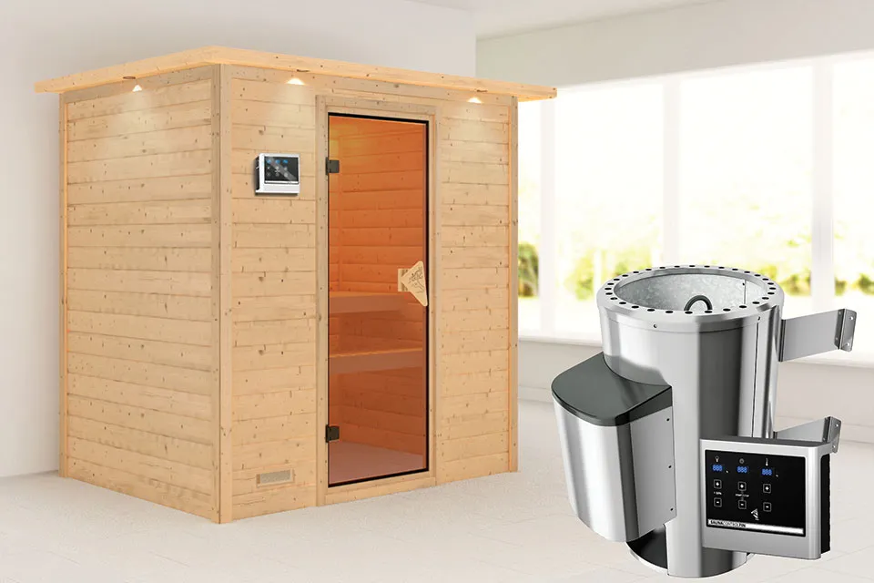 Karibu | Sauna Ronja met Dakkraag | Bronzeglas | Kachel 3,6 kW Externe Bediening