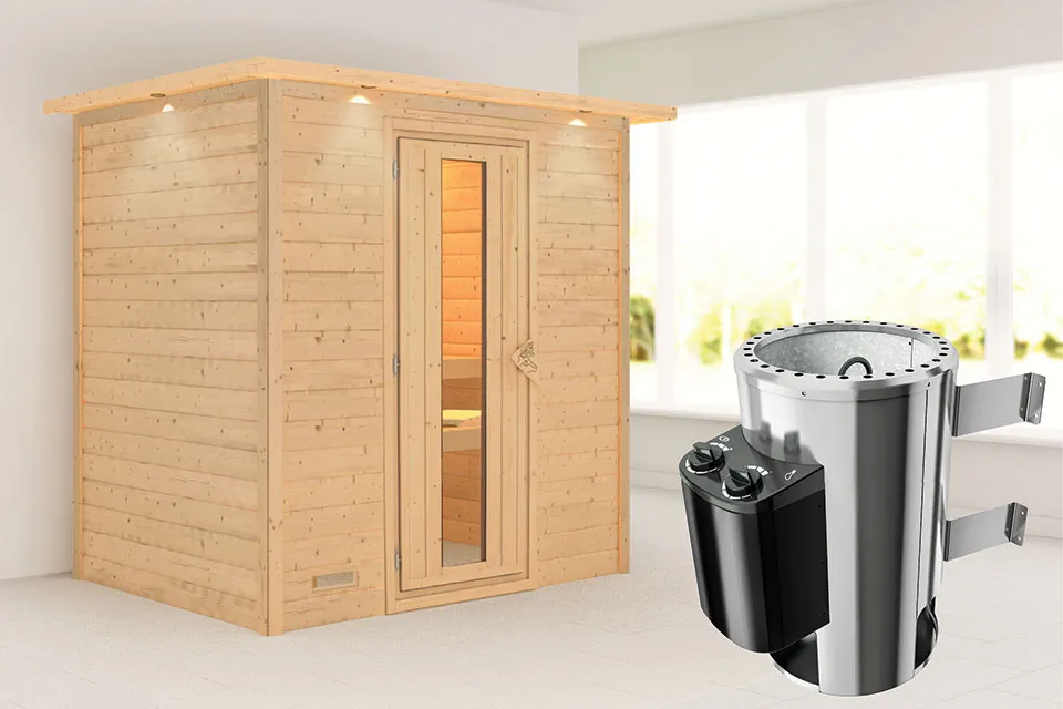 Karibu | Sauna Ronja met Dakkraag | Energiesparend | Kachel 3,6 kW Geïntegreerde Bediening Karibu | Sauna Ronja met Dakkraag | Energiesparend | Kachel 3,6 kW Geïntegreerde Bediening