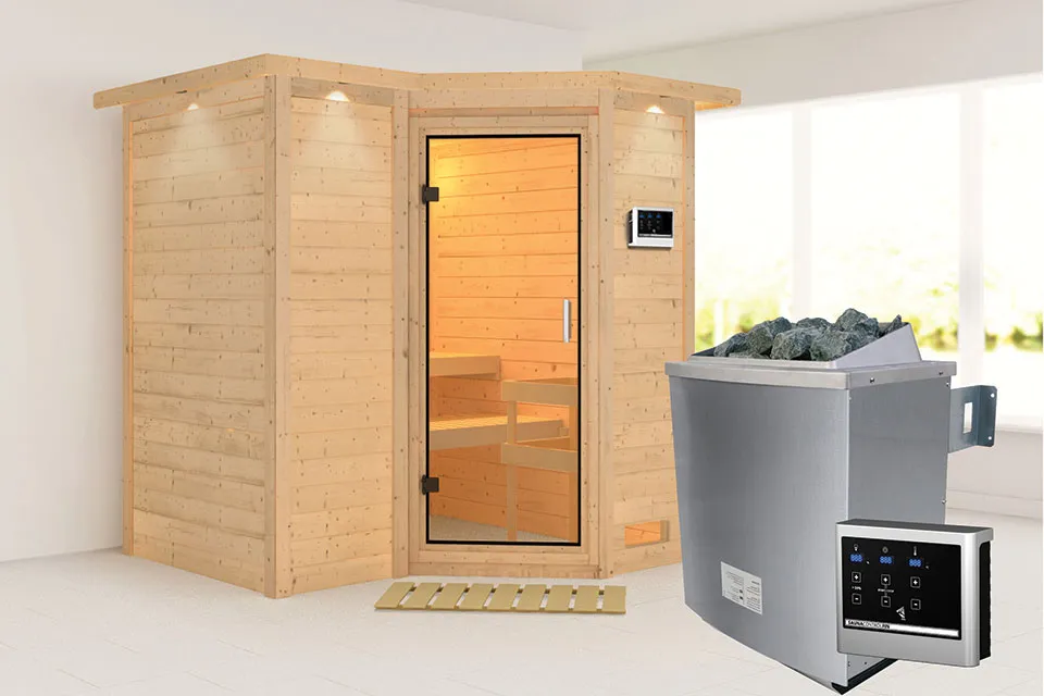 Karibu | Sauna Sahib 1 met Dakkraag | Helderglas | Kachel 9 kW Externe Bediening