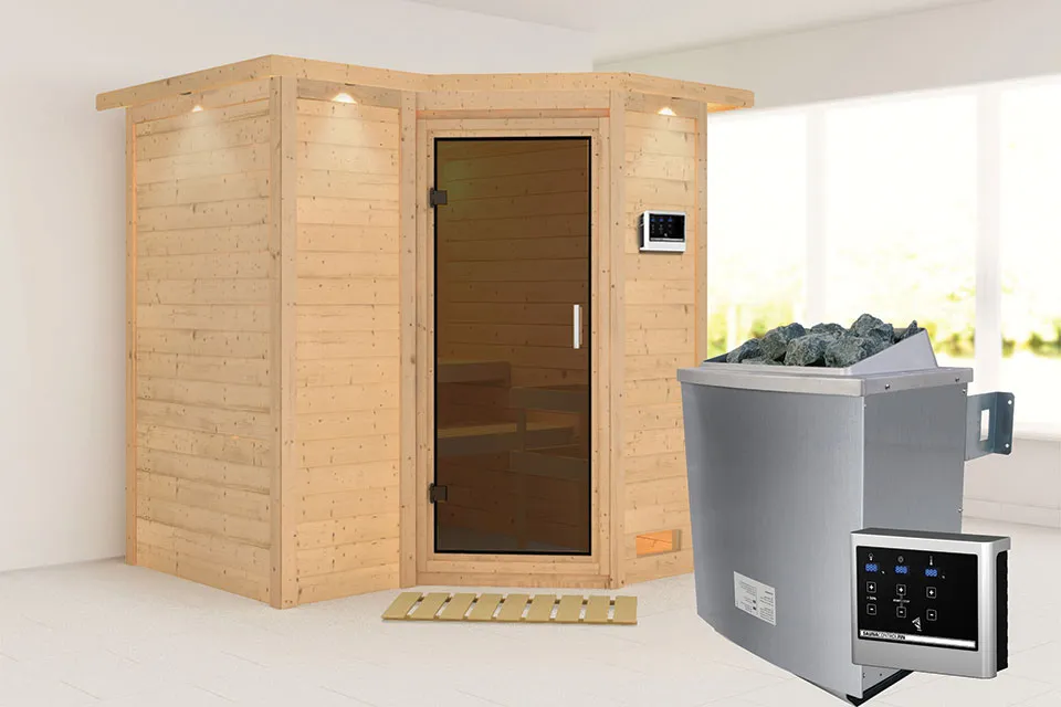 Karibu | Sauna Sahib 1 met Dakkraag | Antracietglas | Biokachel 9 kW Externe Bediening