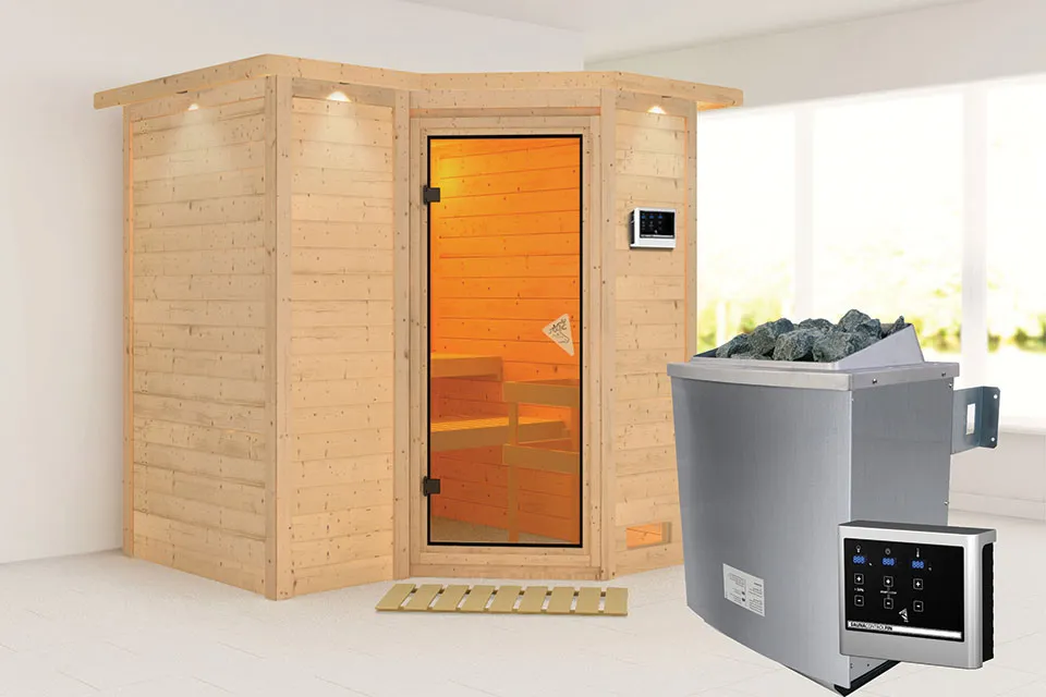 Karibu | Sauna Sahib 1 met Dakkraag | Bronzeglas | Biokachel 9 kW Externe Bediening