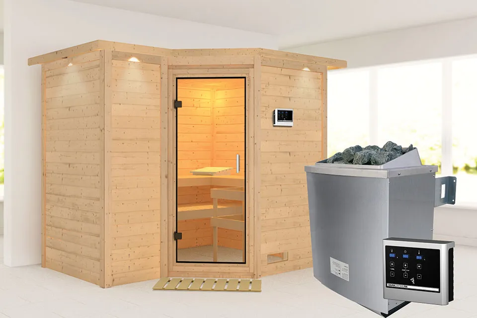 Karibu | Sauna Sahib 2 met Dakkraag | Helderglas | Kachel 9 kW Externe Bediening