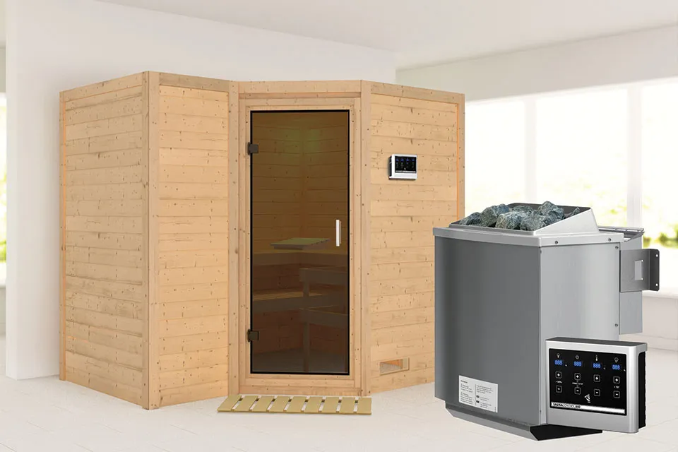 Karibu | Sauna Sahib 2 | Antracietglas | Biokachel 9 kW Externe Bediening Karibu | Sauna Sahib 2 | Antracietglas | Biokachel 9 kW Externe Bediening
