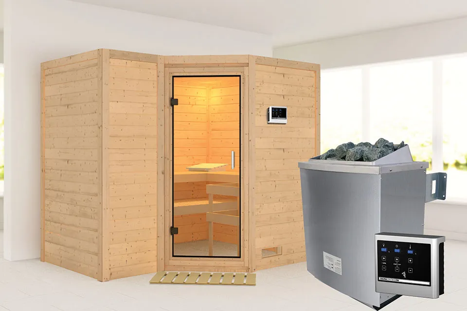 Karibu | Sahib 2 Sauna | Helderglas Deur | Kachel 9 kW Externe Bediening Karibu | Sahib 2 Sauna | Helderglas Deur | Kachel 9 kW Externe Bediening
