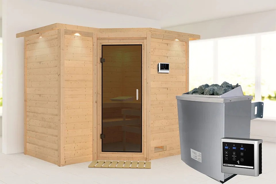 Karibu | Sauna Sahib 2 met Dakkraag | Antracietglas | Kachel 9 kW Externe Bediening Karibu | Sauna Sahib 2 met Dakkraag | Antracietglas | Kachel 9 kW Externe Bediening