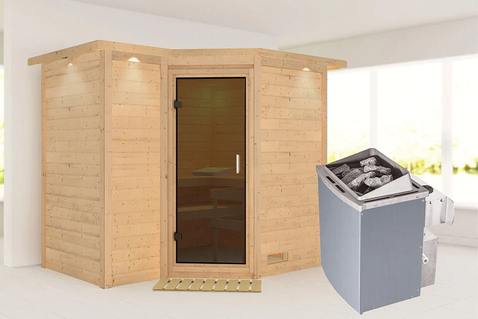 Karibu | Sauna Sahib 2 met Dakkraag | Antracietglas | Kachel 9 kW Geïntegreerde Bediening Karibu | Sauna Sahib 2 met Dakkraag | Antracietglas | Kachel 9 kW Geïntegreerde Bediening