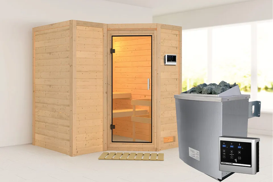 Karibu | Sauna Sahib 1 | Helderglas | Biokachel 9 kW Externe Bediening