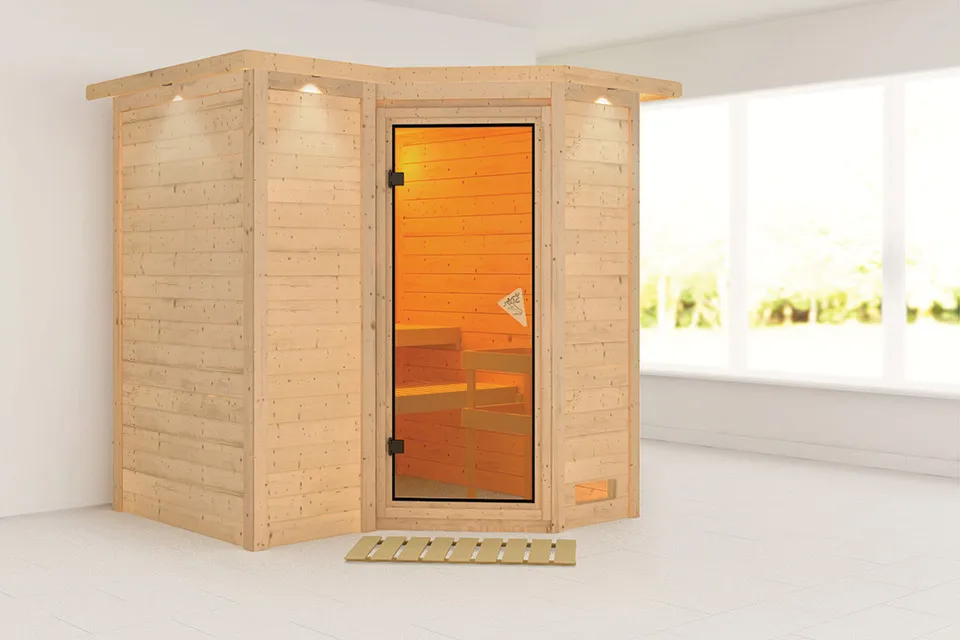 Karibu | Sauna Sahib 1 met Dakkraag | Bronzeglas | Kachel 9 kW Geïntegreerde Bediening