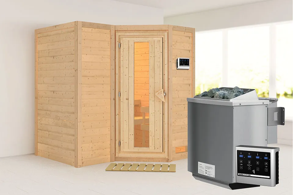 Karibu | Sauna Sahib 1 | Bronzeglas | Biokachel 9 kW Externe Bediening