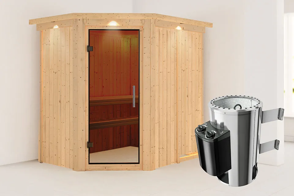 Karibu | Sauna Saja met Dakkraag | Antracietglas | Kachel 3,6 kW Geïntegreerde Bediening Karibu | Sauna Saja met Dakkraag | Antracietglas | Kachel 3,6 kW Geïntegreerde Bediening